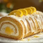 A whole Lemon Cream Roll Cake with Lemon Glaze on a serving platter.