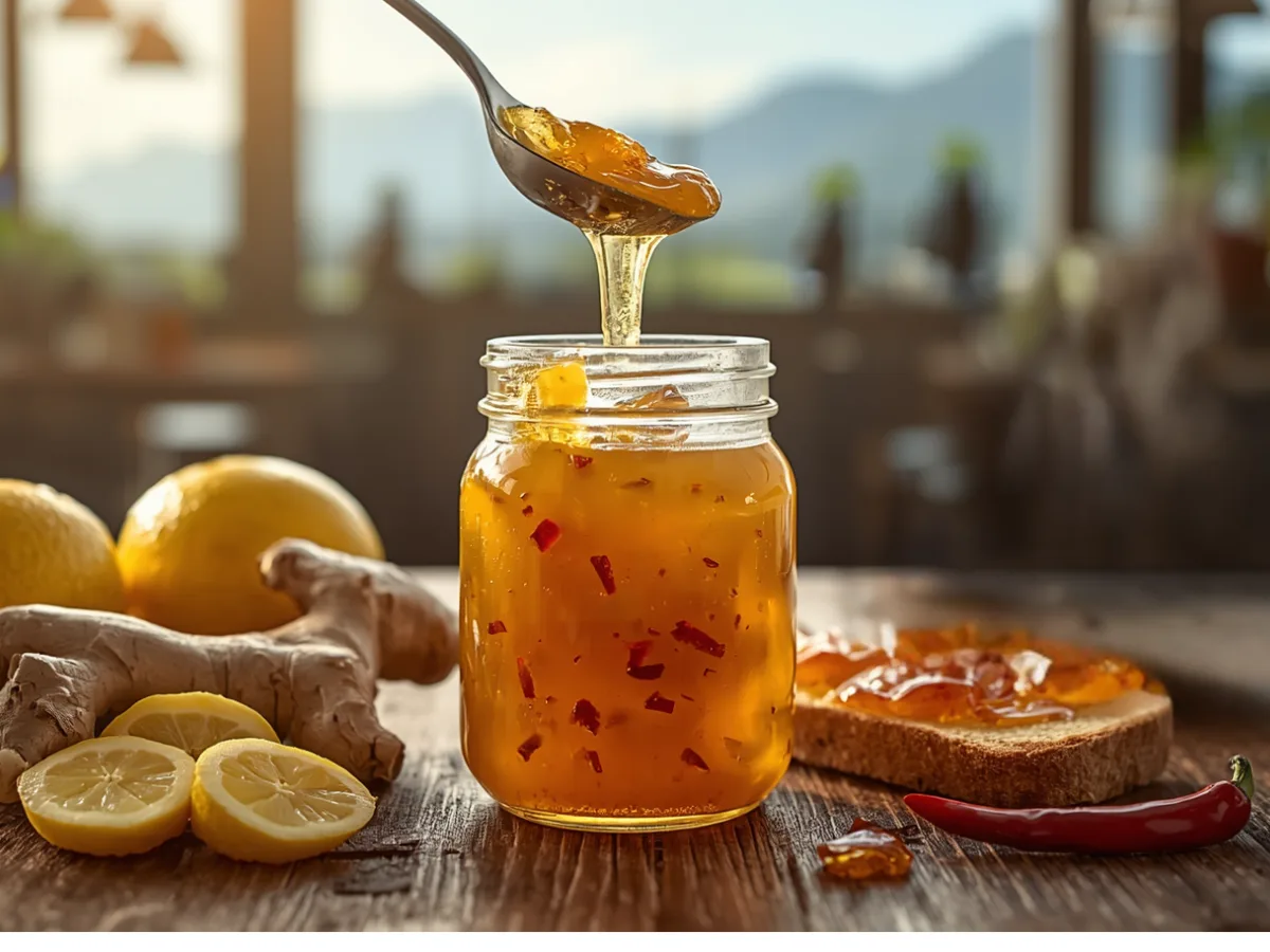 Sunlight hitting a jar of Lemon–Chili Honey Sunshine Jam with lemon slices and ginger root on a wooden table.