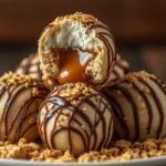 Close-up of No-Bake Peanut Butter Cheesecake Balls Recipe showing a creamy center and rich chocolate coating.