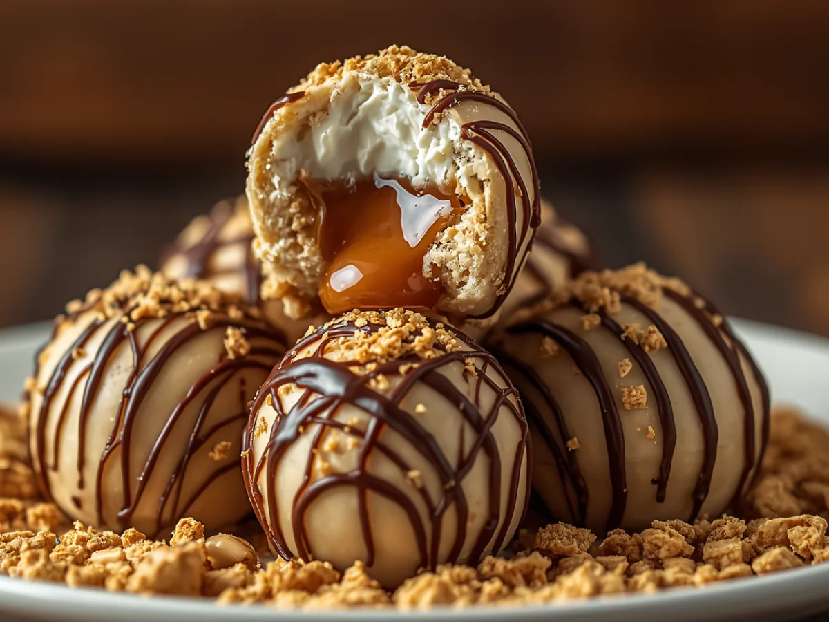 Close-up of No-Bake Peanut Butter Cheesecake Balls Recipe showing a creamy center and rich chocolate coating.
