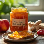A 4:3 close-up of a glass jar filled with golden Peach-Ginger Chili Sunset Jam, showing chunks of fruit and red chili flakes on a rustic wooden table with fresh peaches and ginger.