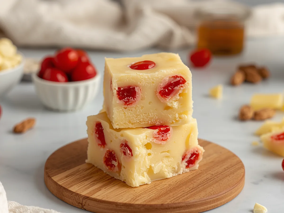 Creamy Pineapple Upside Down Cake Fudge topped with maraschino cherries.