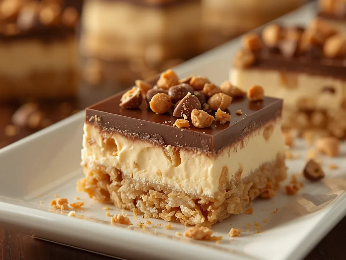 Scotcheroo Cheesecake Bars on a platter