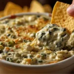 A bowl of bubbling Spinach Artichoke Dip served with pita chips.