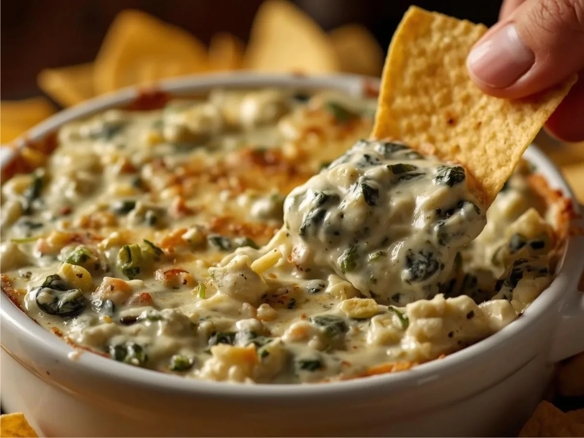 A bowl of bubbling Spinach Artichoke Dip served with pita chips.