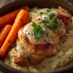 Golden herb chicken thighs with carrots & mash on a white plate.