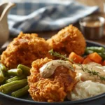 Crispy fried chicken recipe on a wooden board