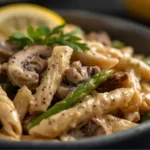 Vibrant Mushroom Asparagus Chicken Penne pasta dish with seared chicken and tender asparagus.