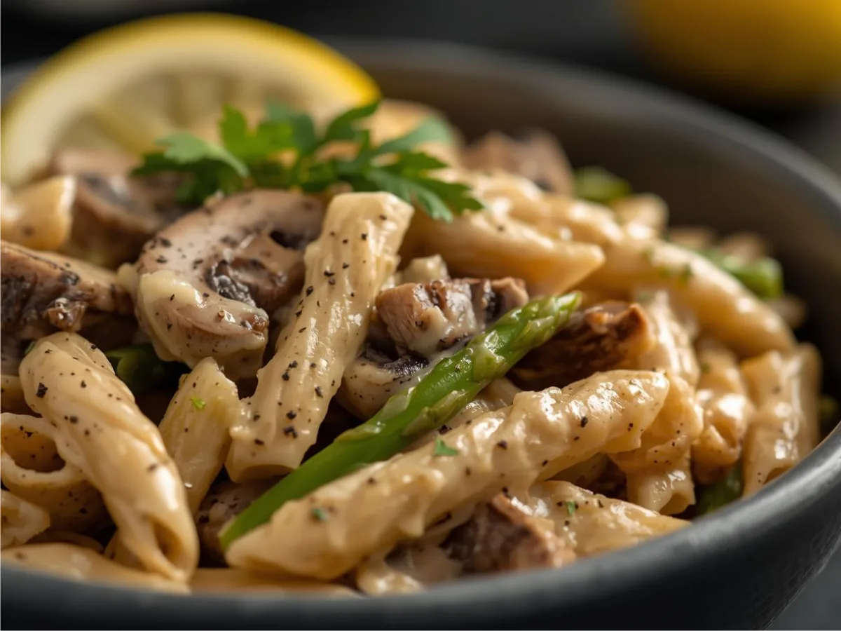 Vibrant Mushroom Asparagus Chicken Penne pasta dish with seared chicken and tender asparagus.
