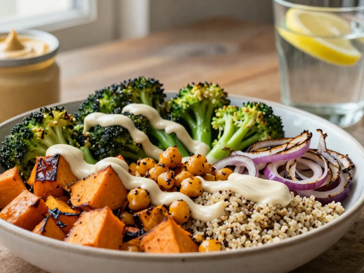 Vegan Mediterranean Roasted Vegetables Bowl centerpiece.