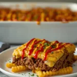 A close-up shot of Cheeseburger French Fry Bake with melted cheddar and pickles.