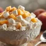 A large bowl filled with creamy Peach Fluff topped with fresh peach slices.