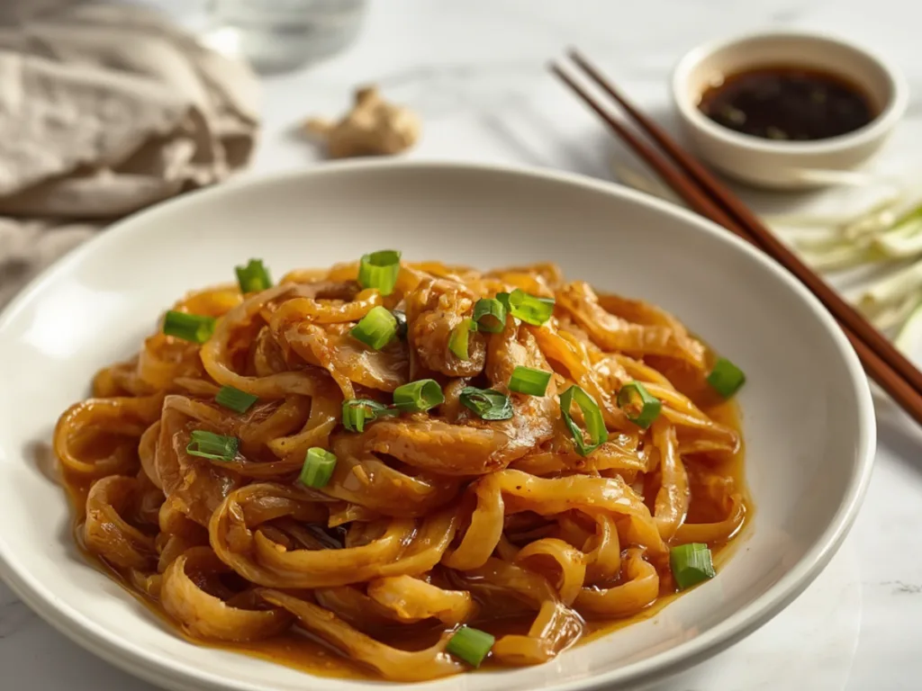 Plated Chicken Chow Fun with chopsticks