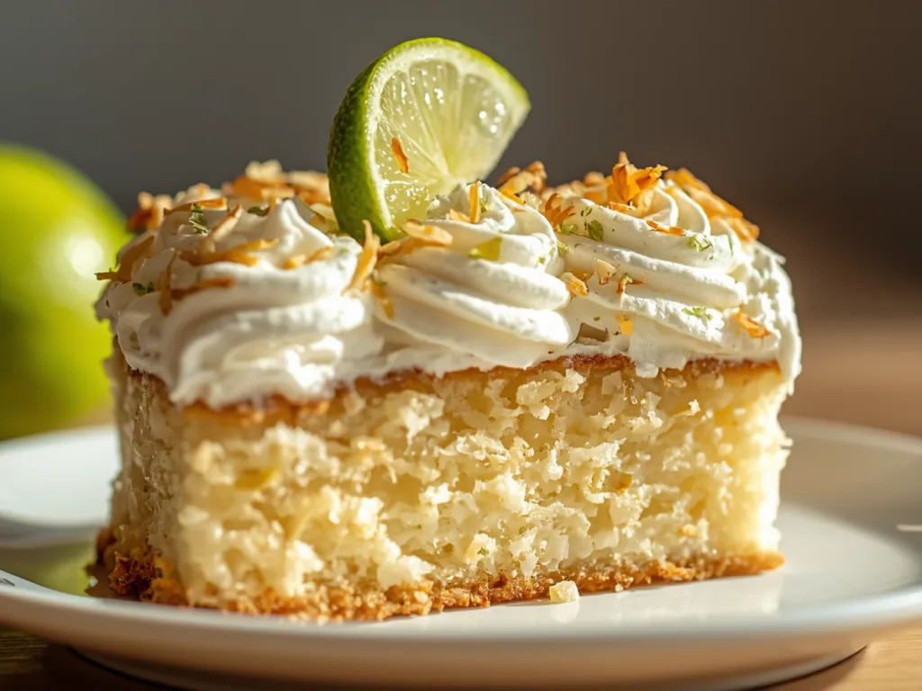 Toasted coconut on lime poke cake.
