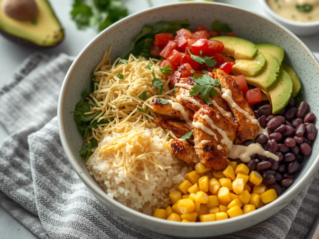 Healthy chicken rice bowl dinner ideas on a table.