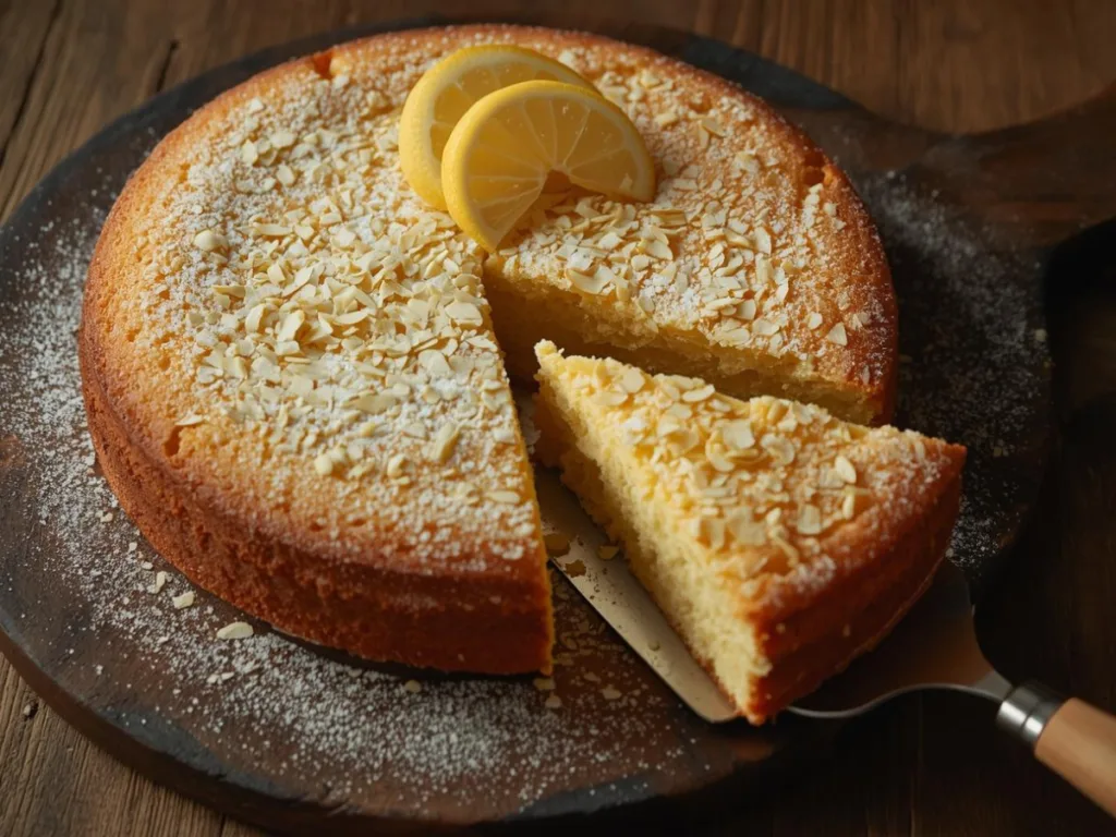 Whole Lemon Almond Flourless Cake dusted with powdered sugar in a springform pan.
