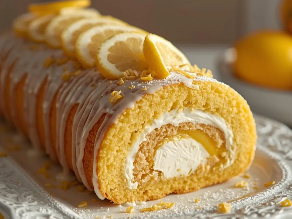 A cross-section slice of Lemon Cream Roll Cake showing the spiral.