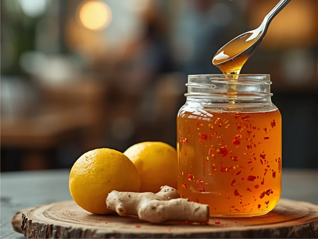A spoon lifting a dollop of translucent Lemon–Chili Honey Sunshine Jam highlighting the citrus zest and chili flakes.