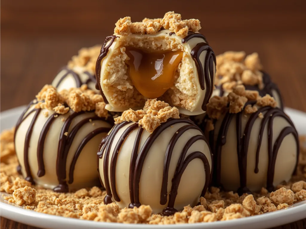A stack of Peanut Butter Cheesecake Truffles on a white plate, highlighting the smooth texture of the cream cheese balls.