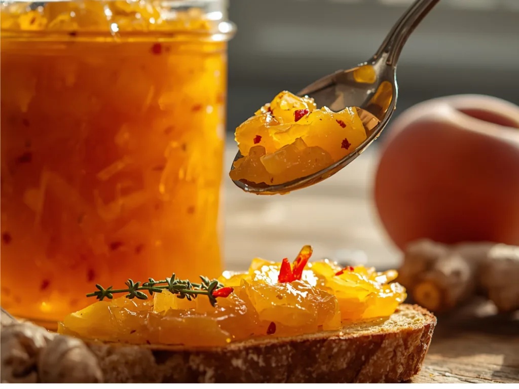 Peach–Ginger Chili Sunset Jam: Macro shot of a spoon lifting thick, chunky peach jam from a jar, highlighting the texture of grated ginger and minced red chilies in natural light.