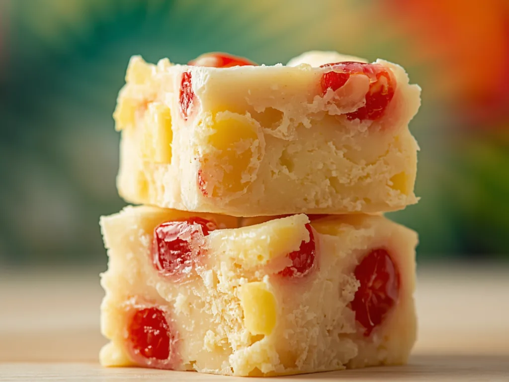 Sliced Pineapple Upside Down Cake Fudge showing walnuts and fruit.