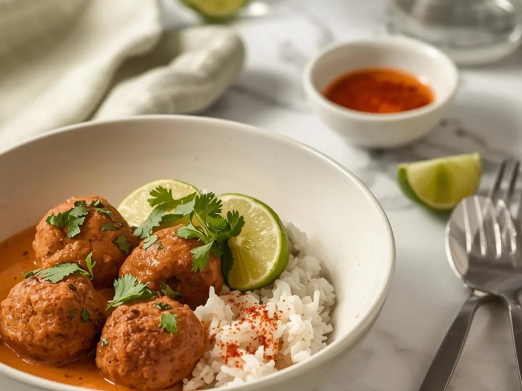 Top-down view of a bowl containing Thai Chicken Meatballs in Coconut Curry served over fluffy jasmine rice.