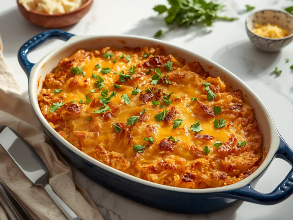 Full 9x13 pan of rotisserie chicken hash brown casserole with a golden cornflake topping.