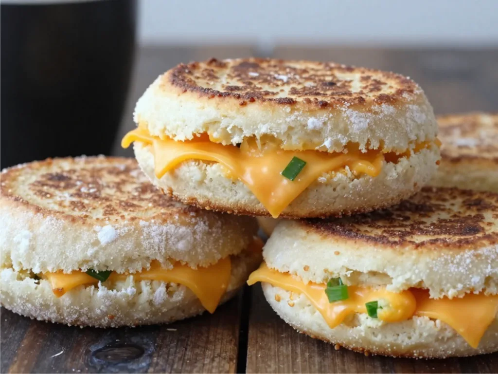 Split Cheddar Scallion Sourdough English Muffin with steam rising.
