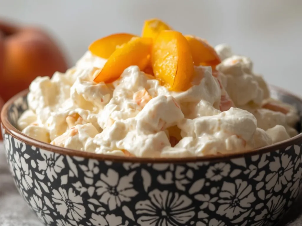 Individual jars of Peach Fluff garnished with mint and peaches.