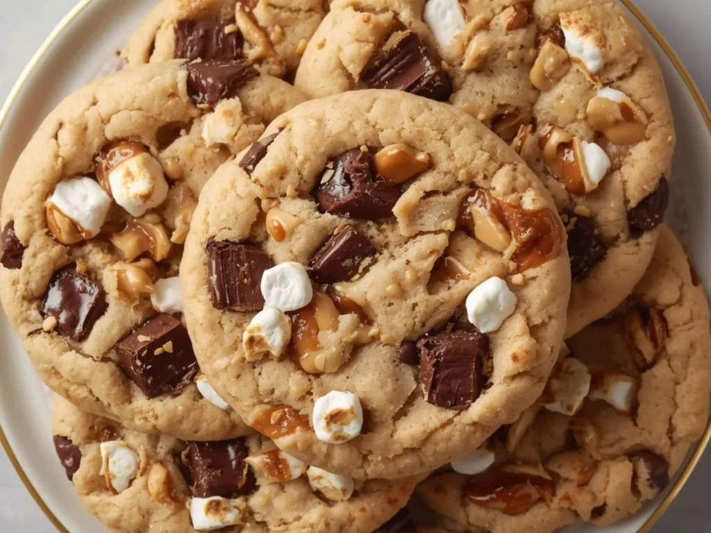 Gooey marshmallows on Peanut Butter Swirl Sourdough S'mores Cookies.