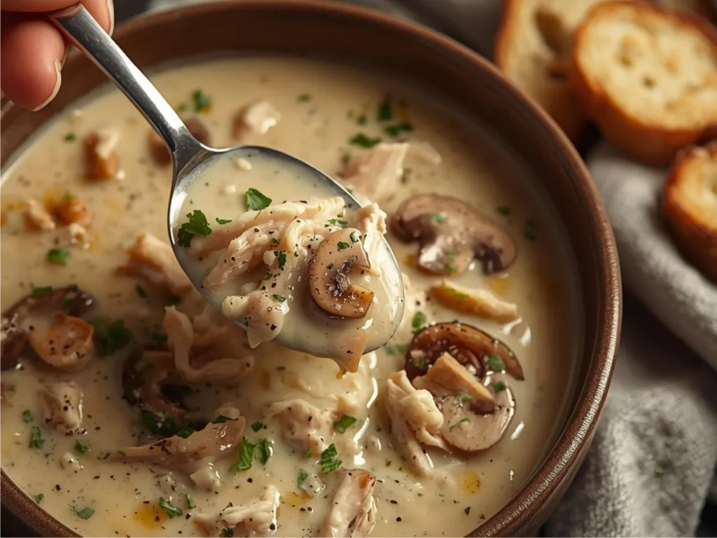 Bowl of soup with rotisserie chicken and sliced mushrooms.