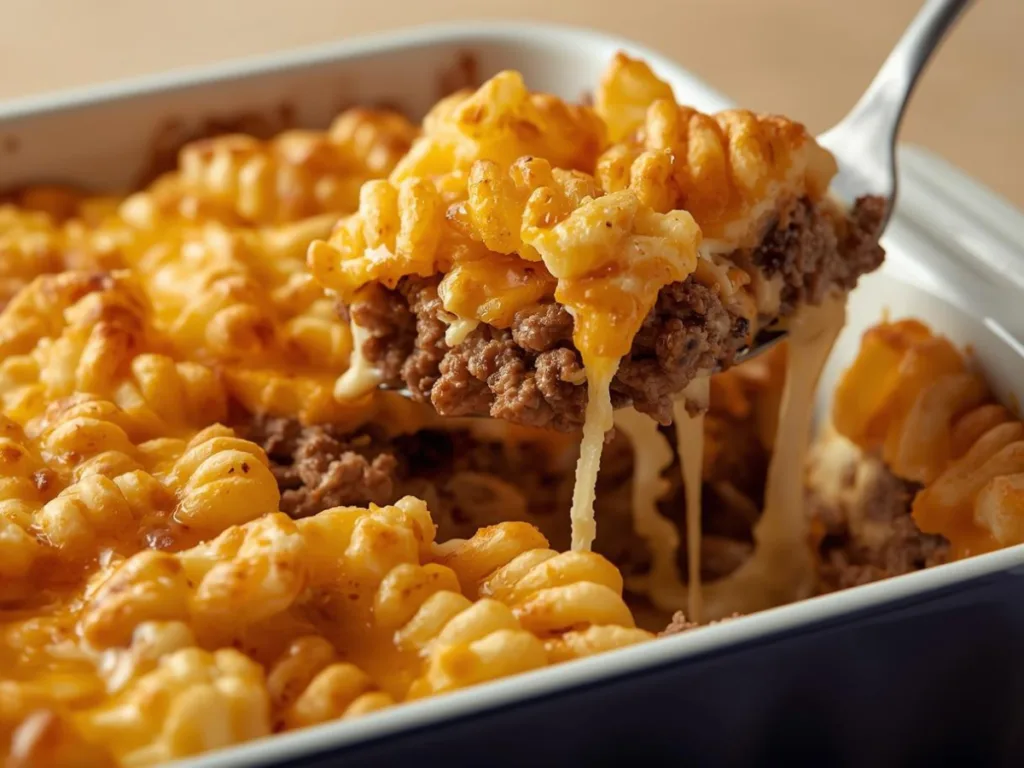 Serving a scoop of Cheeseburger French Fry Bake onto a plate.