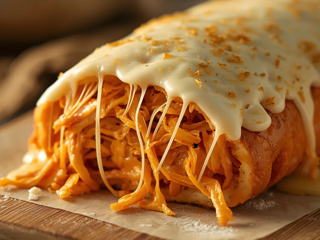 Buffalo chicken casserole being served with a spoon.