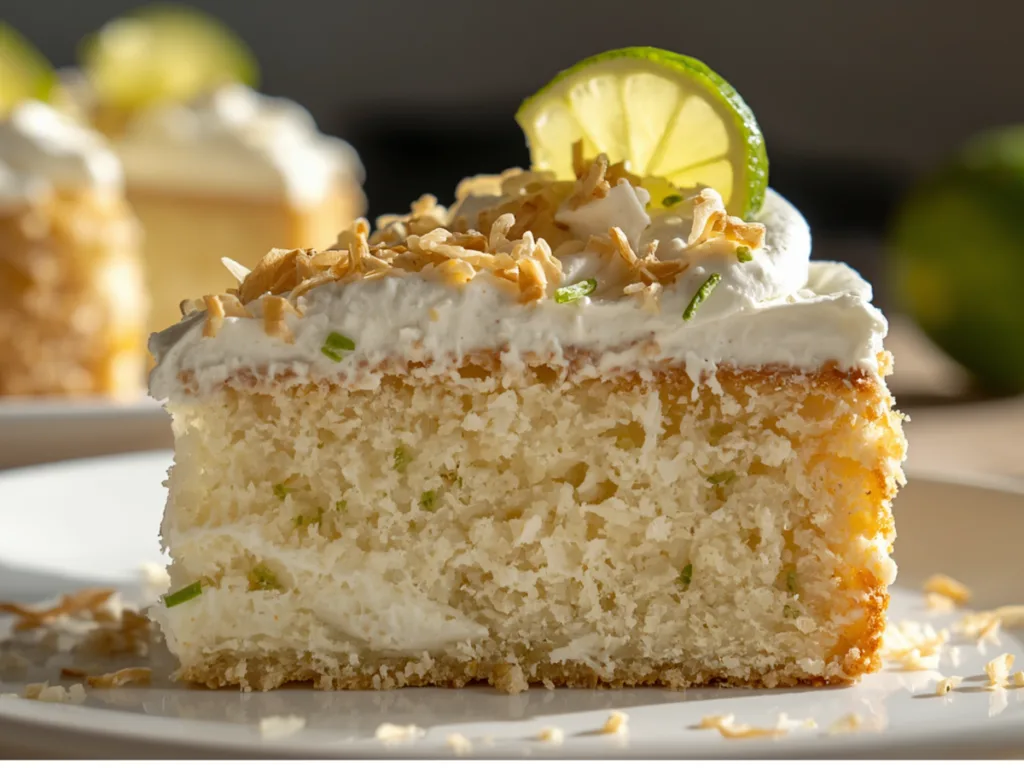 Creamy coconut lime poke cake close-up.