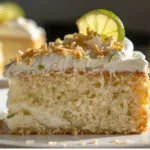 Creamy coconut lime poke cake close-up.