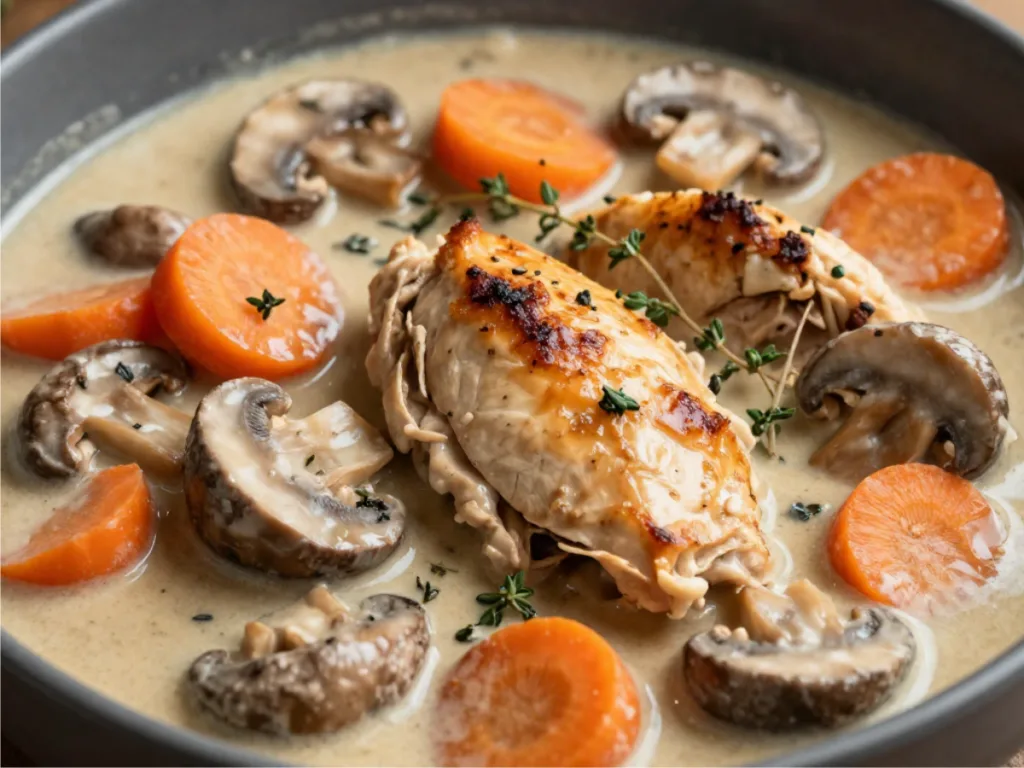 Healthy chicken mushroom carrot recipes plate.