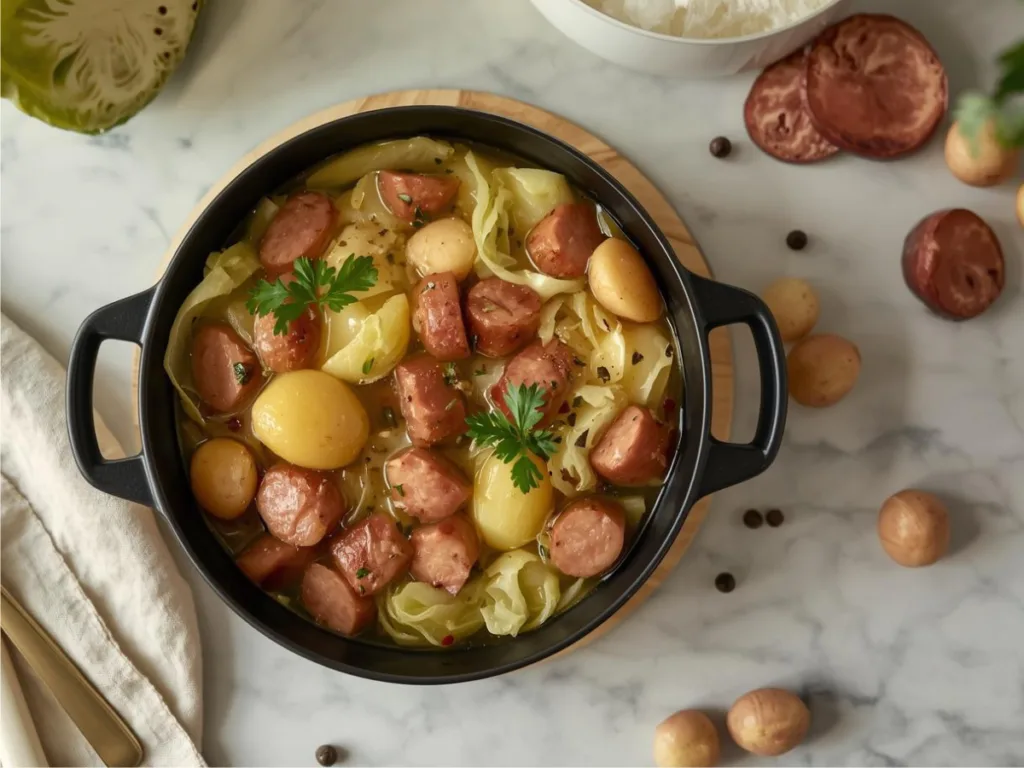 Sliced smoked sausage with cabbage.