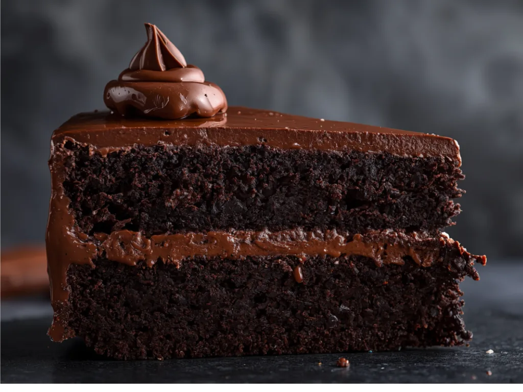 Triple layer dark chocolate cake with frosting.