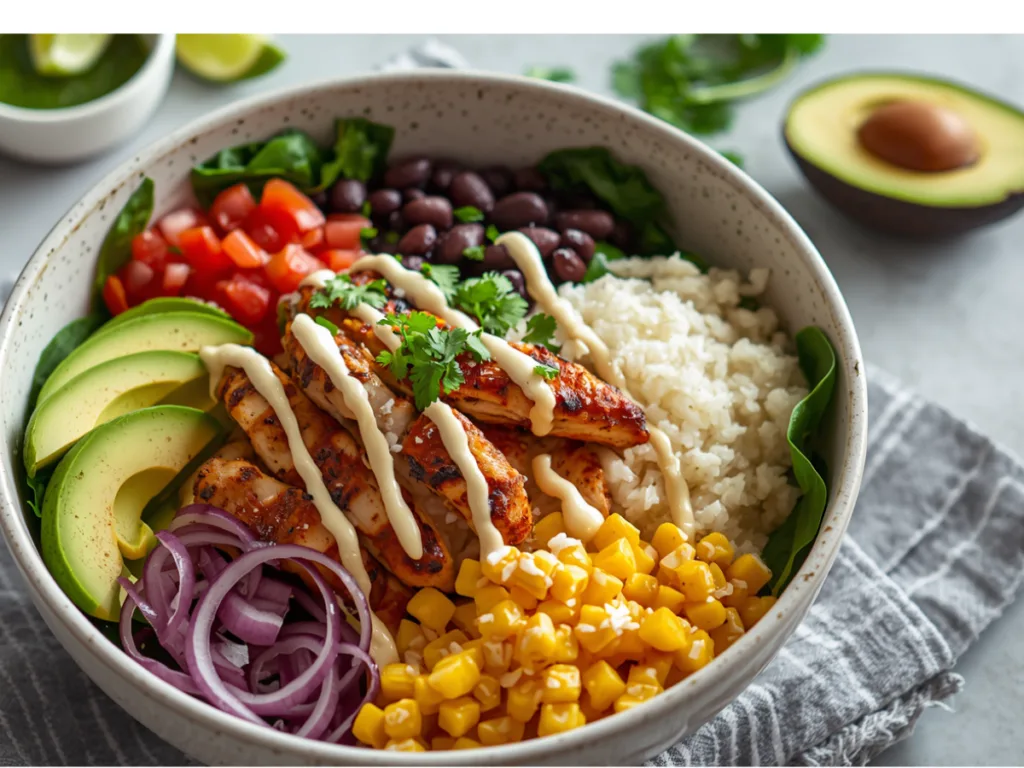 Protein meal prep lunch easy chicken taco rice bowls.