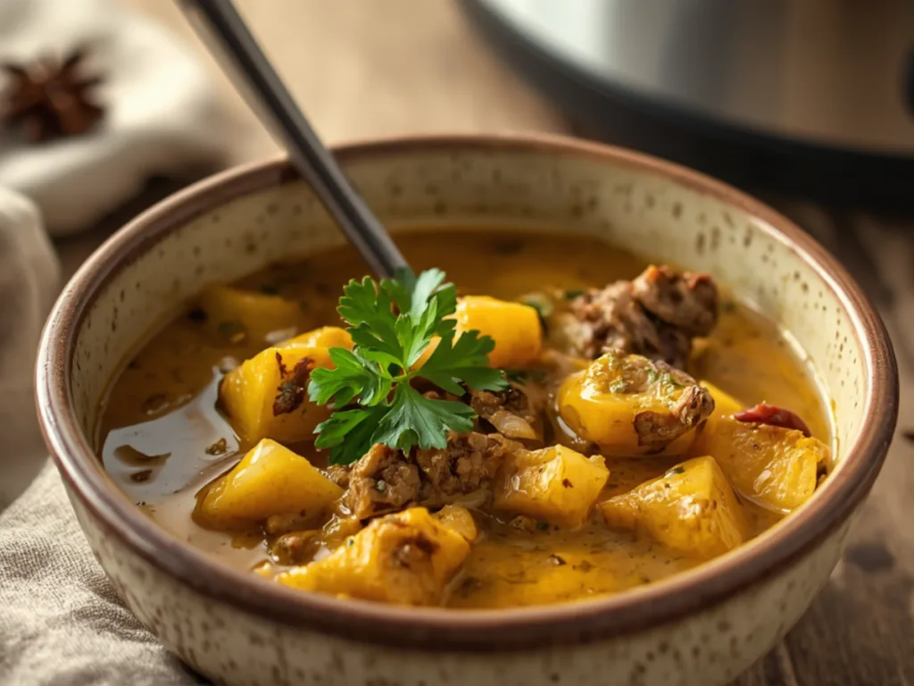 Close up of lamb curry crock pot with aromatic steam.