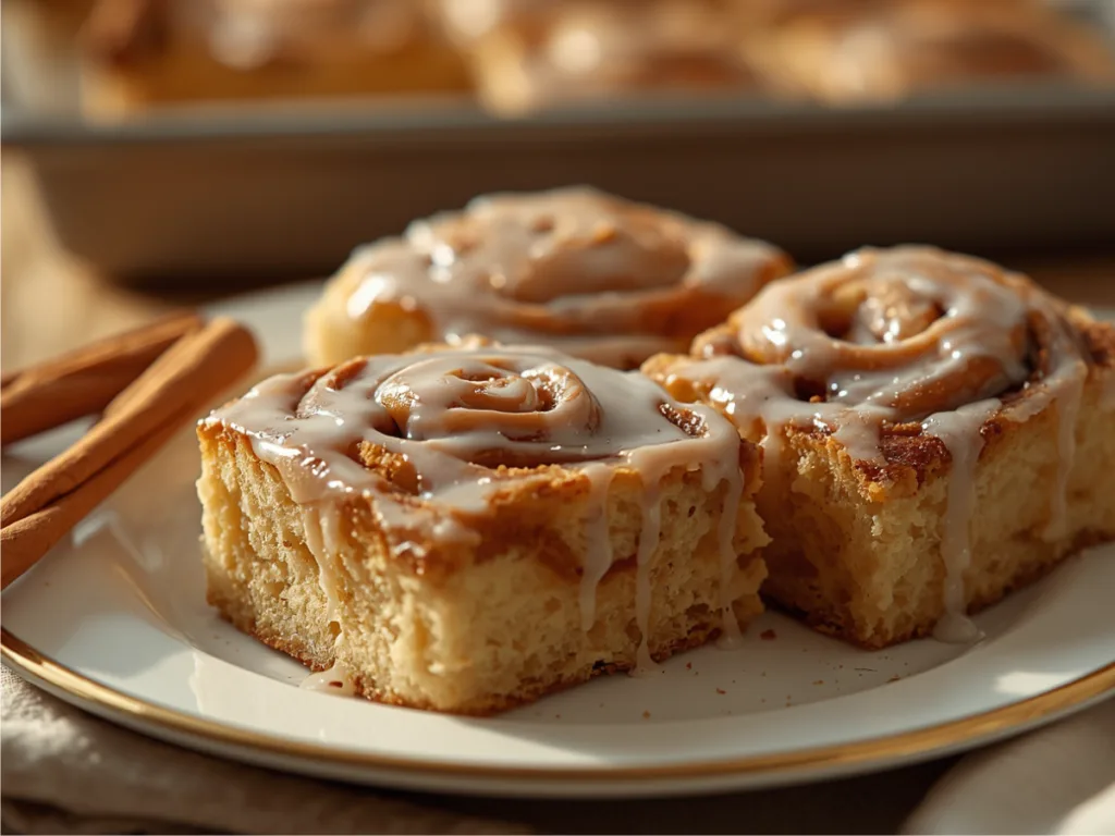 Grandma’s Cinnamon Roll Cake topped with vanilla bean drizzle.