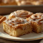 Grandma’s Cinnamon Roll Cake topped with vanilla bean drizzle.
