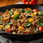 Healthy Ground Turkey Skillet With Veggies topped with fresh herbs.