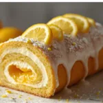 Powdered sugar being sifted over a warm lemon roll cake.