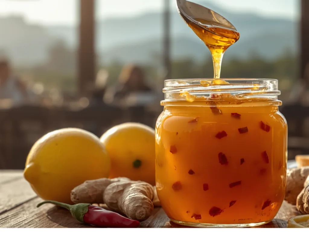 Lemon–Chili Honey Sunshine Jam served on a gourmet cheese board with crackers and hard cheeses.