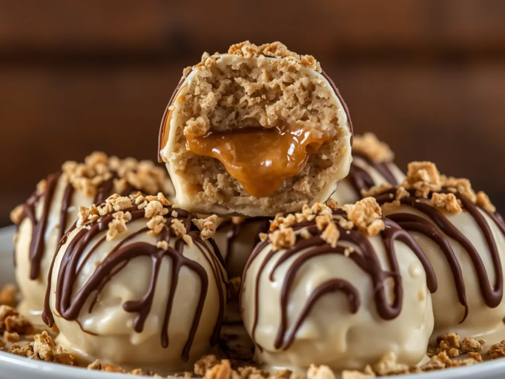 Hands holding a Peanut Butter Cream Cheese Ball, demonstrating the easy no-bake cookies texture and size