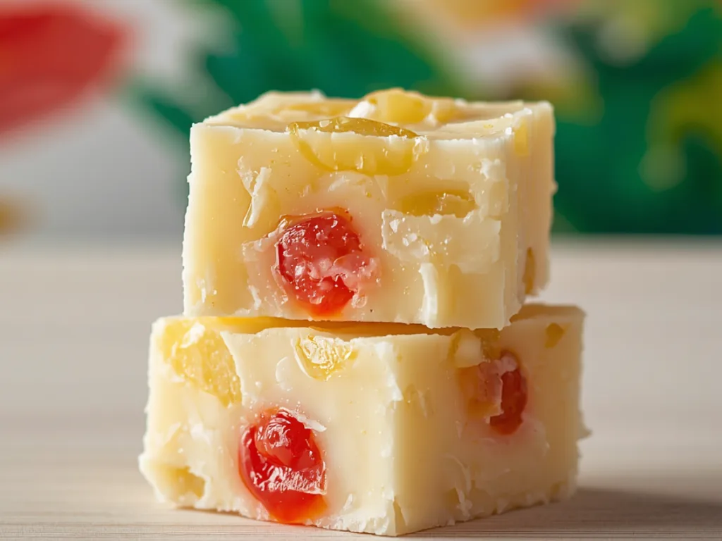 Squares of Pineapple Upside Down Cake Fudge on a wooden board.