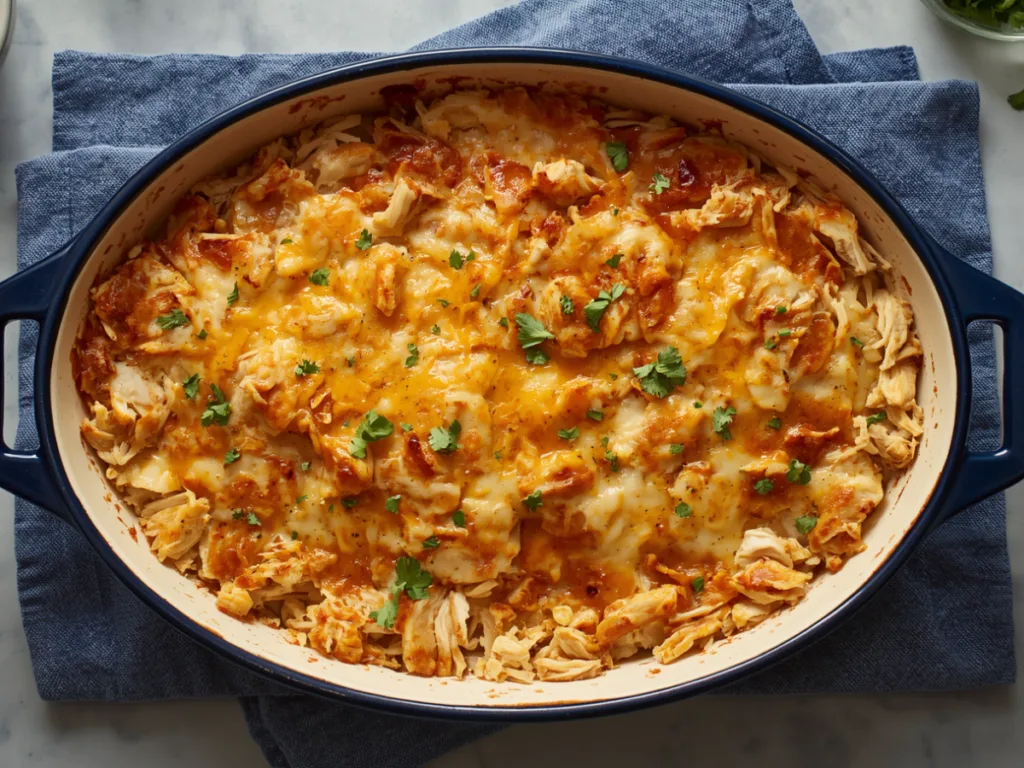 Rotisserie chicken hash brown casserole served on a plate with a side of green beans.