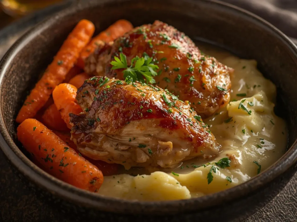Savory herb chicken thighs with carrots & mash in a kitchen setting.