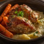 Savory herb chicken thighs with carrots & mash in a kitchen setting.